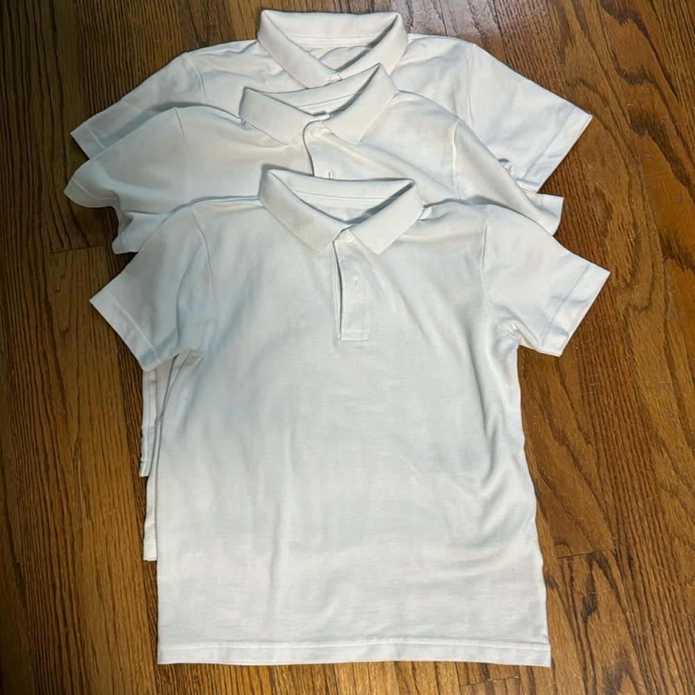 3 White polo uniform shirts size 7